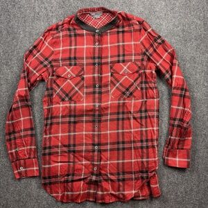 Vince Red Checkered Plaid Flannel Shirt Size 10 Medium Leather Trim Collar